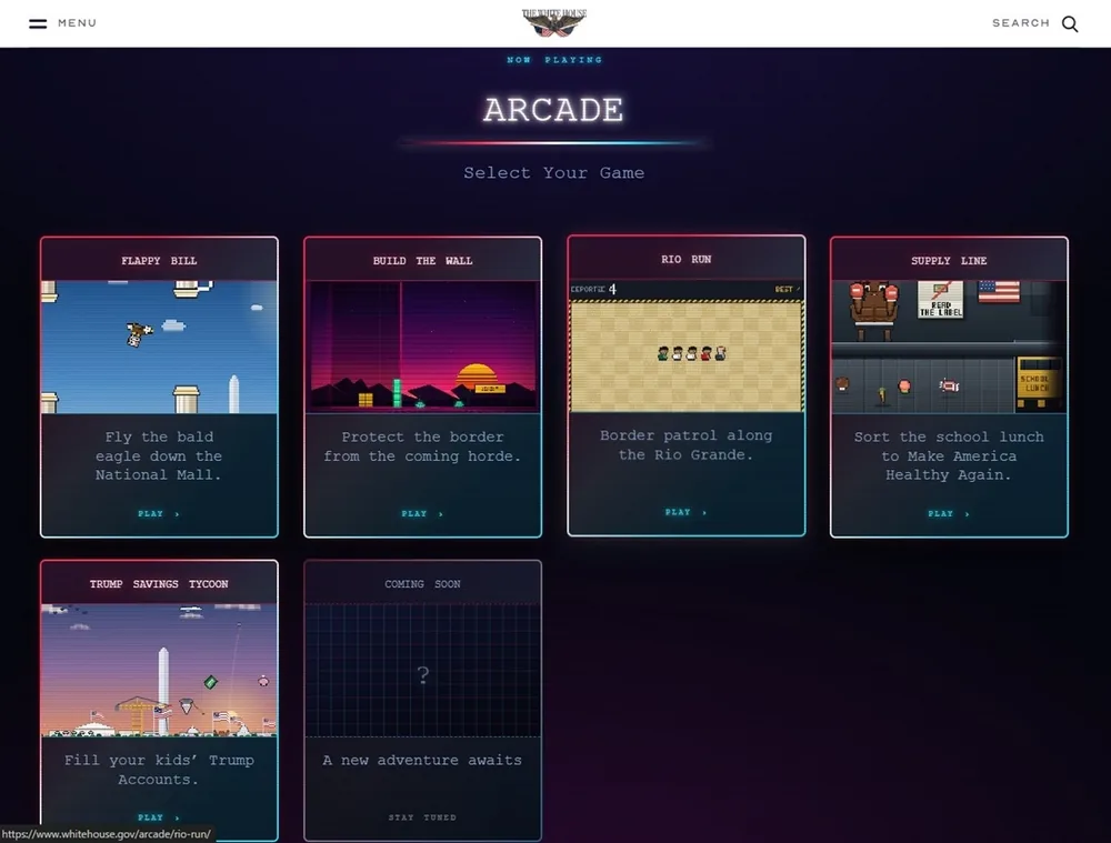 미국 백악관, 트럼프 대통령 정책 게임화한 브라우저 게임 사이트 'ARCADE' 공개